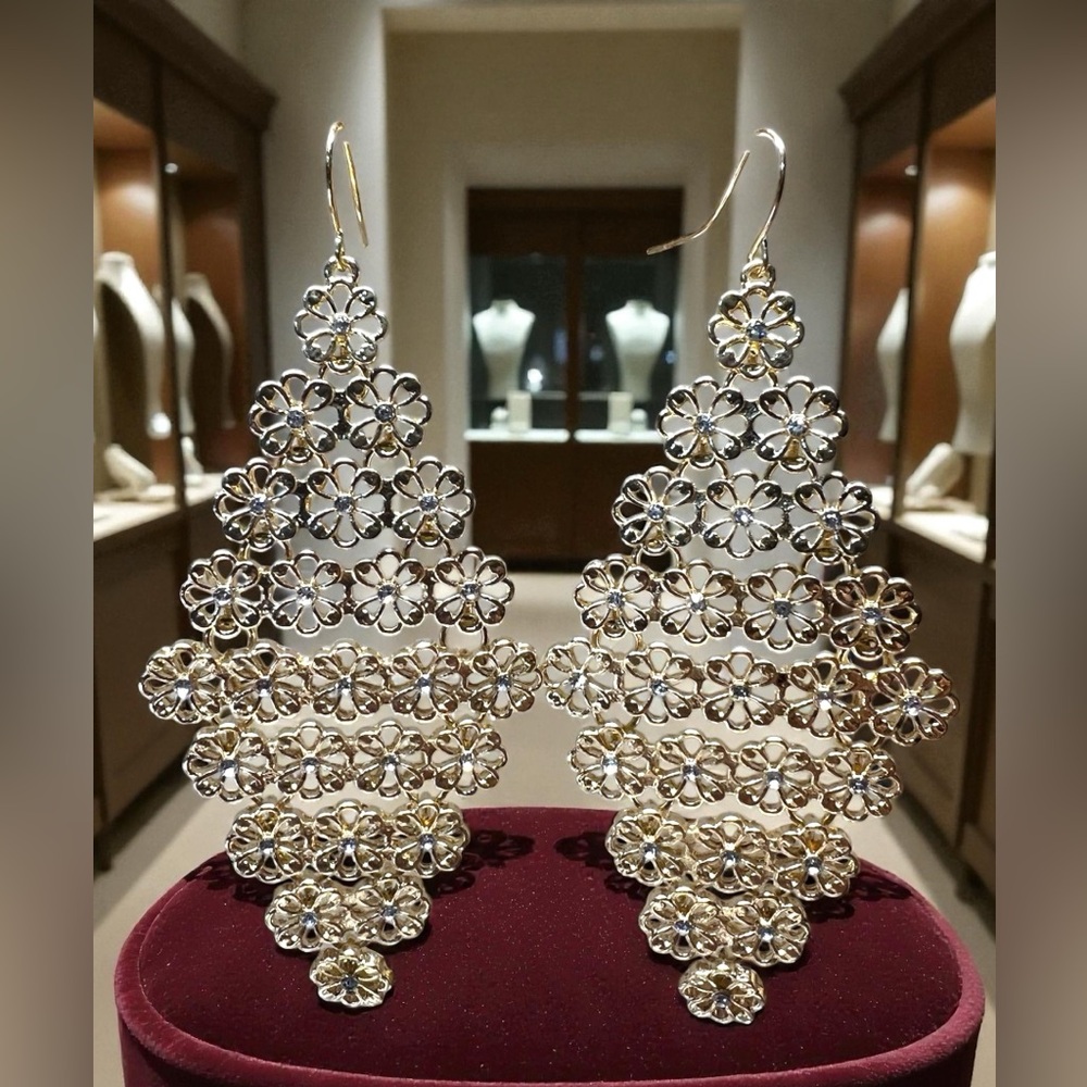 Elegant Gold Floral Drop Earrings with small rhinestones